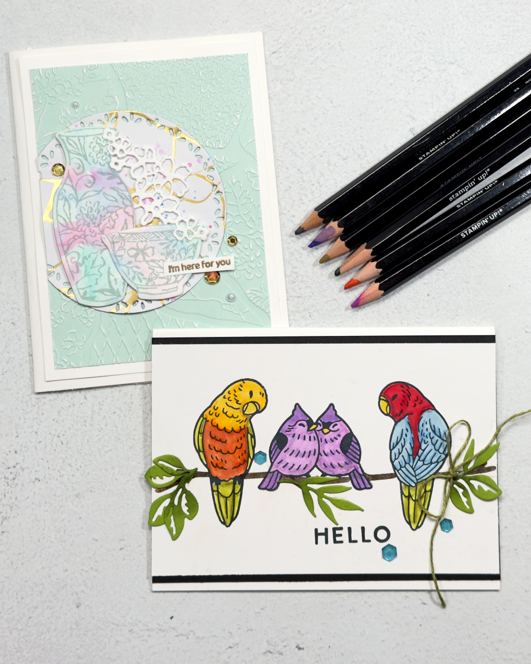 Water colour pencil techniques Kintsugi imperfections Feathered Fun Stampin Up